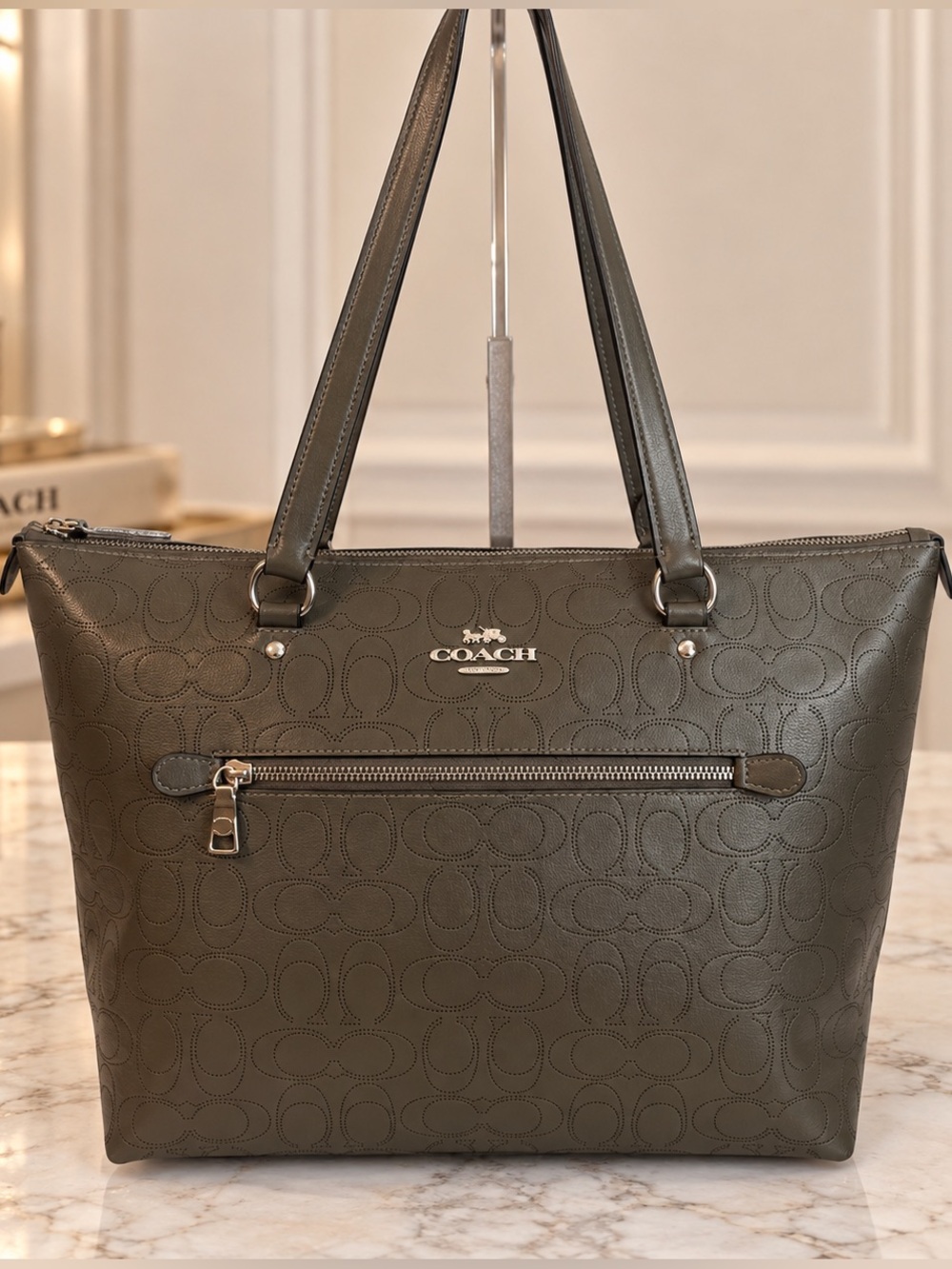 Coach Gallery Tote C2141-1499 Perforated Signature Leather Olive Kelp Green